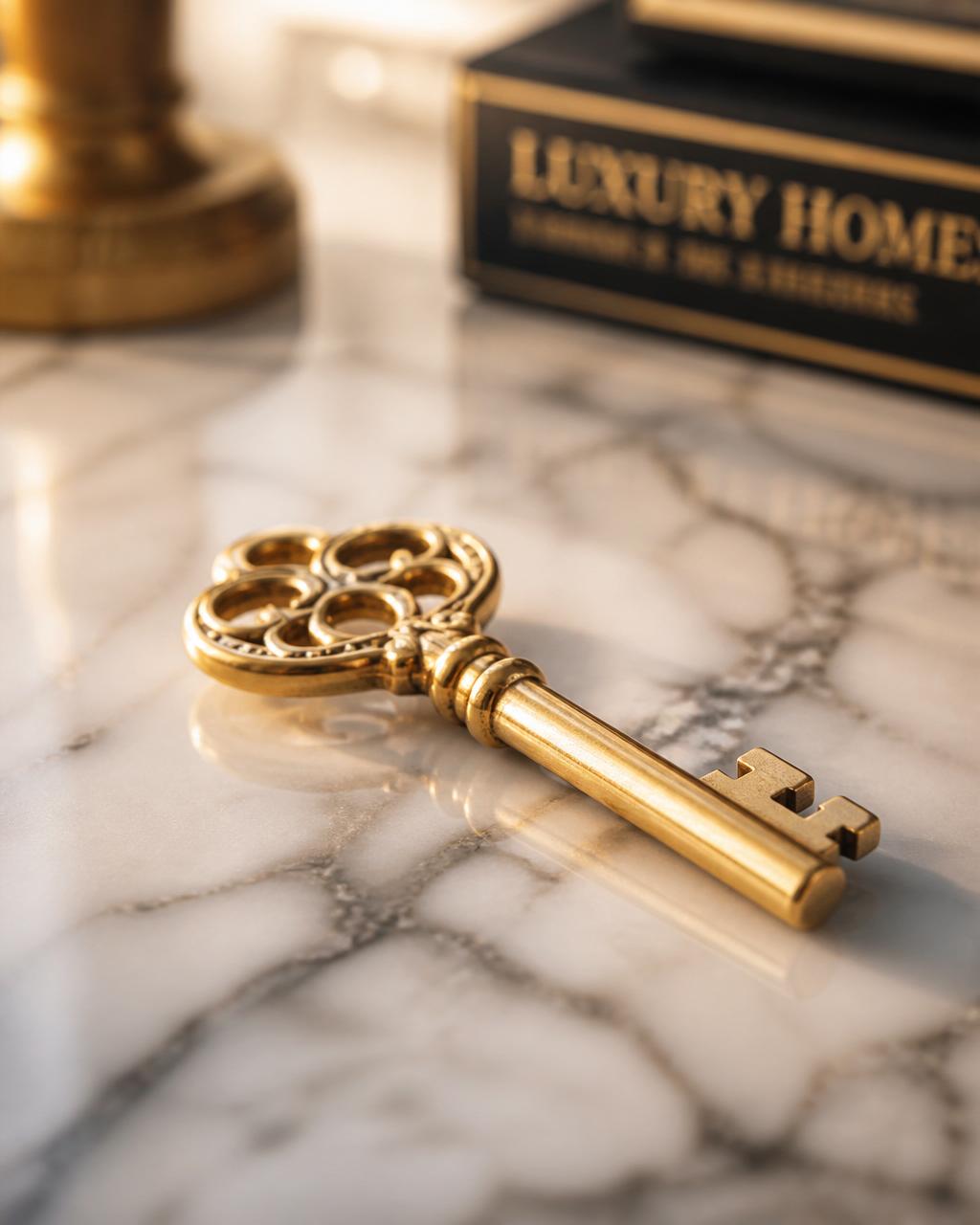 Elegant golden vintage key on a polished marble surface